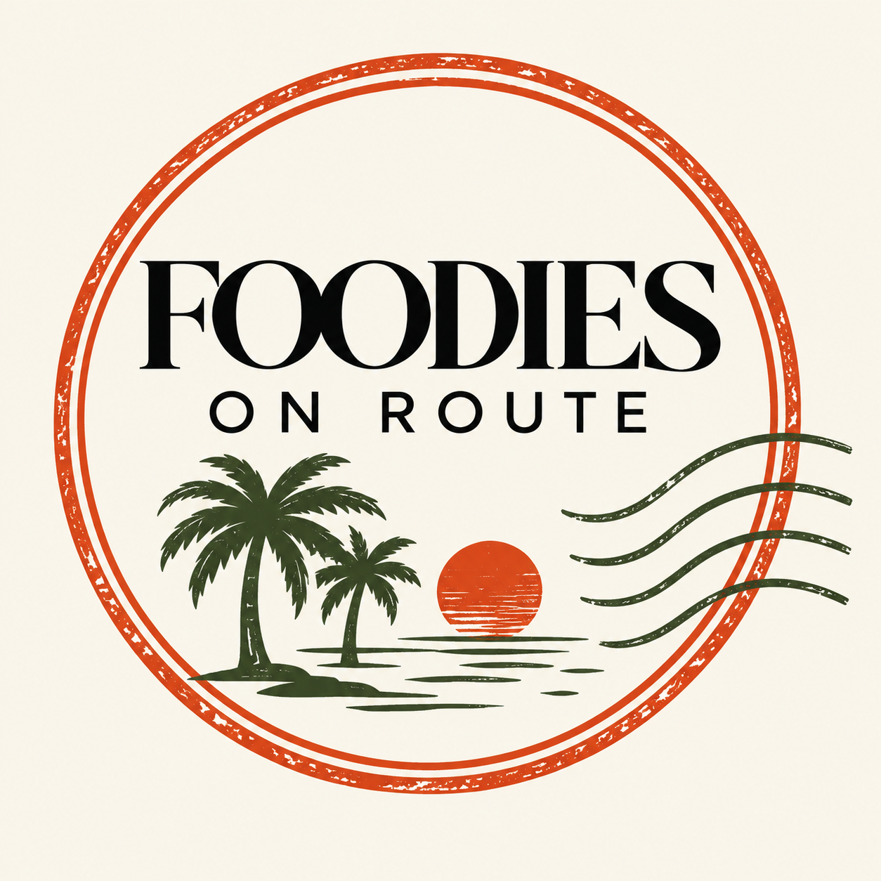 Sello Foodies on Route con palmeras y sol